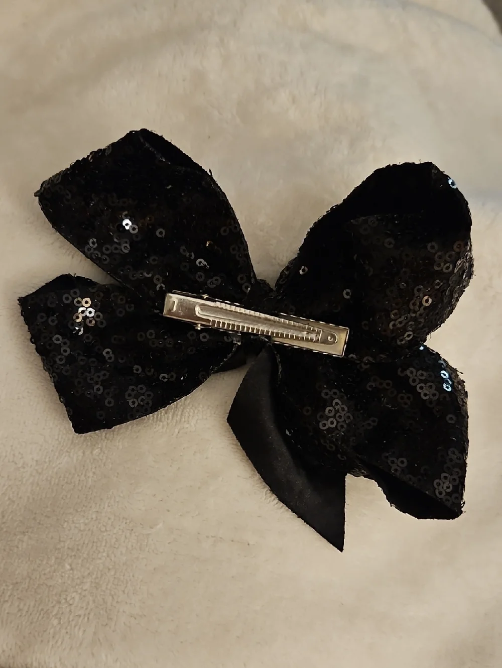 HANDMADE Jet Black Sequin Ribbon Clip Bow